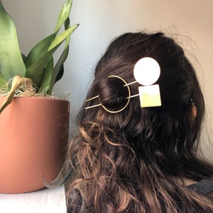 Geometric Shape Hair Slide Abstract Brass Circle Square Two Part Hair Slide