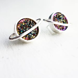 Handmade Druzy Saturn Studs in Sterling Silver