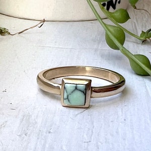 Handmade Square Turquoise Inlay 14k Gold Ring Minty Green Arizona Turquoise Handmade and One of a Kind image 1