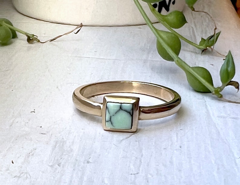 Handmade Square Turquoise Inlay 14k Gold Ring Minty Green Arizona Turquoise Handmade and One of a Kind image 1