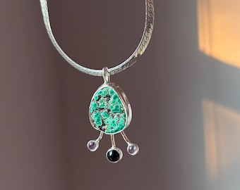 Chrysocolla Malachite Handmade Pendant with Onyx and Amethyst Abstract Necklace