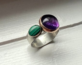 Extra Wide Sterling Silver Cigar Band Ring with Amethyst cabochon and Malachite Bezel set in sterling silver and 14k goldfill