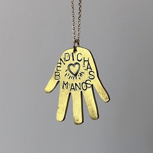 Handmade Bendichas Manos Hand Pendant in Brass on 16&quot; 14k goldfilled chain