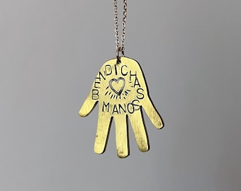 Handmade Bendichas Manos Hand Pendant in Brass on 16" 14k goldfilled chain