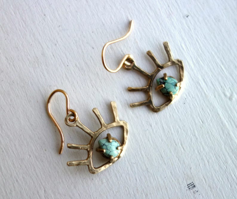 HANDMADE Gold Turquoise Beholder Eye Dangle Earrings image 4
