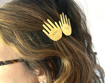 Handmade High Five Hair Barrette Hair Clip Two Hands Brass Hand Hairlip