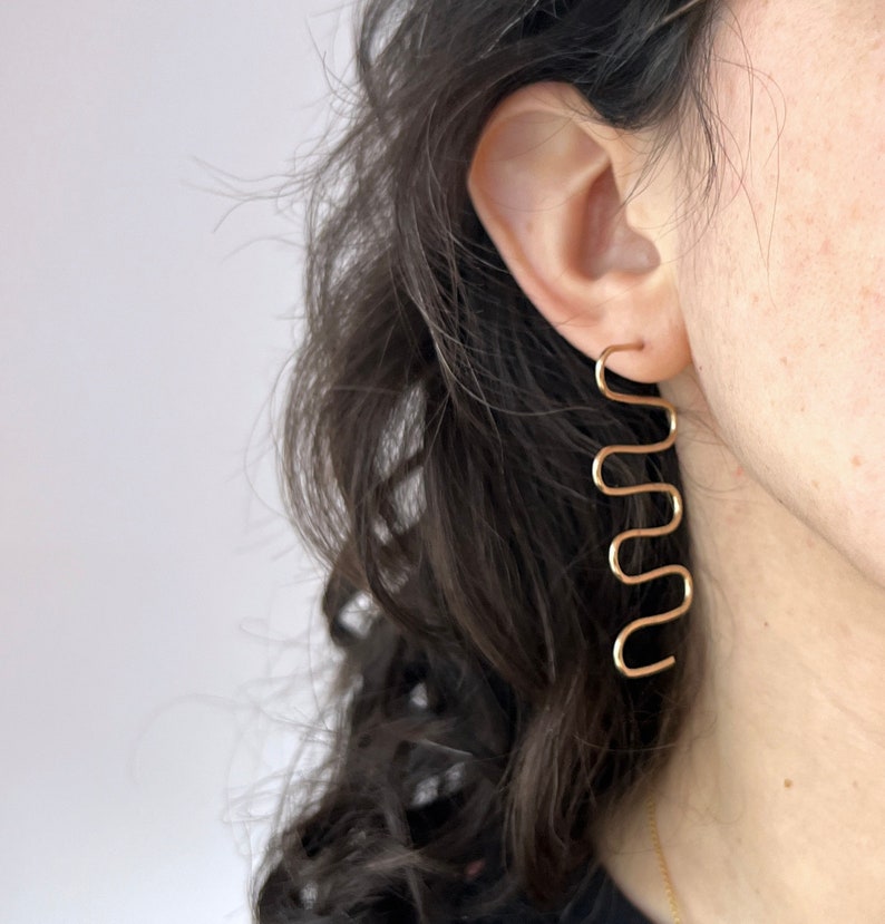 Handmade Back and Forth 14k Gold Fill Geometric Squiggle Stud Statement Dangle Earrings image 7