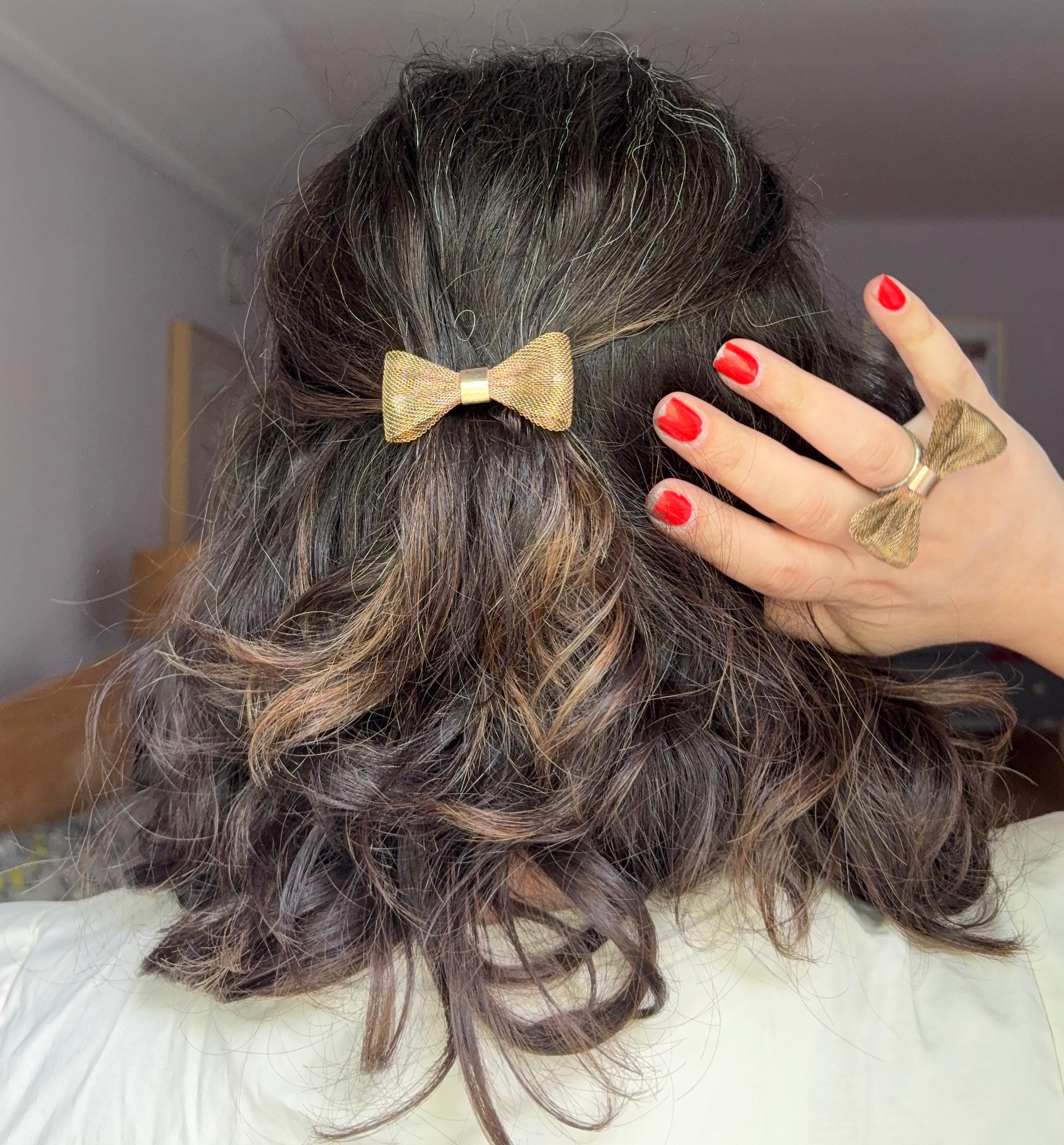 Brass-Toned Bow Ribbon Hair Clip with Line Stones Vintage 1960s Brass Mesh Bow Barrette, Handmade Hair Clip - Etsy main image 4