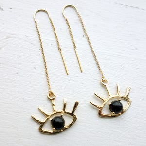 Beholder Ear Threads- Brass and Onyx Ear Threads - Handmade Gold and Black Onyx Ear Threads - Eye Lash - Eyeball Earrings