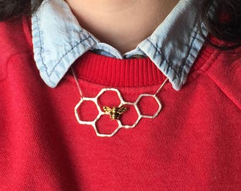 Sterling Silver Honeycomb Necklace with Bee Perched