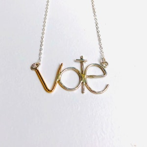 Handmade VOTE handmade silver and gold word text necklace