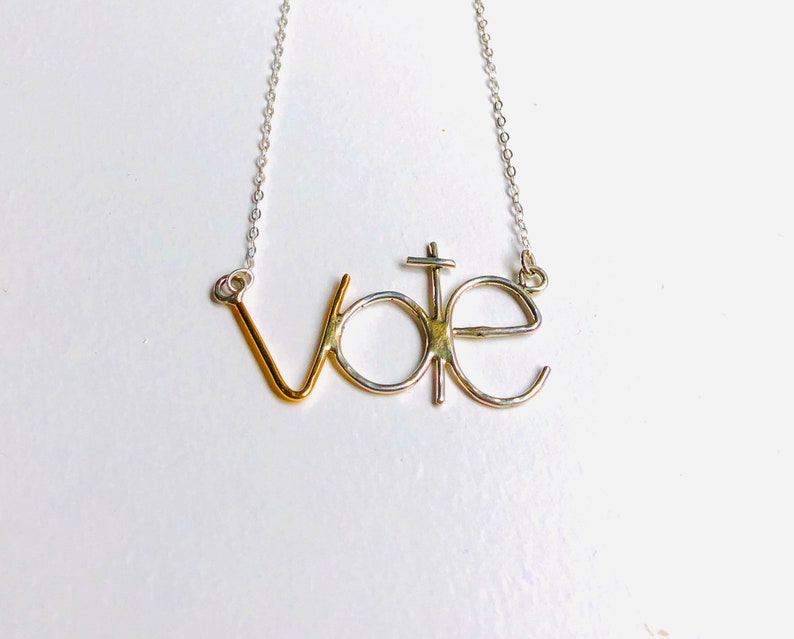 VOTE handmade silver and gold word text necklace image 1