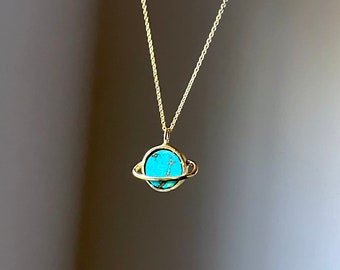 Gold and Turquoise Saturn Pendant Handmade Space Astronomy Planetary Solar System necklace