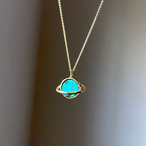 Handmade Gold and Turquoise Saturn Pendant Handmade Space Astronomy Planetary Solar System necklace