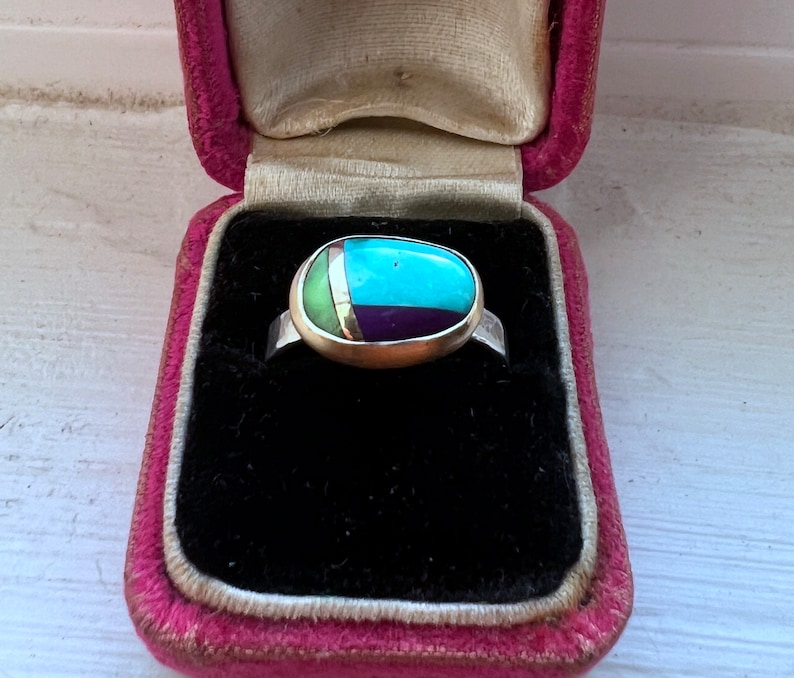 Handmade Mixed turquoise and gold art stone bezel set 14k gold and silver ring image 2