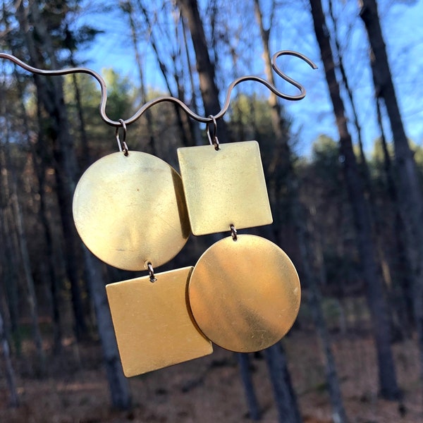 Handmade Opposites Attract Circle Square Asymmetrical Statement Dangle Earrings in Brass