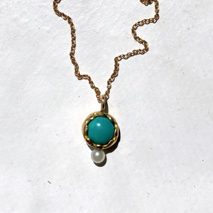 Scalloped Turquoise Charm Pendant in 14k and 18k yellow gold with fresh water pearl