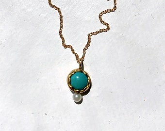 Handmade Scalloped Turquoise Charm Pendant in 14k and 18k yellow gold with fresh water pearl