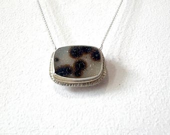 Brown and White Natural Spotted Druzy Handmade Pendant in sterling silver one of a kind