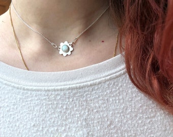 Handmade Silver Daisy Choker with Opal Short Flower Necklace