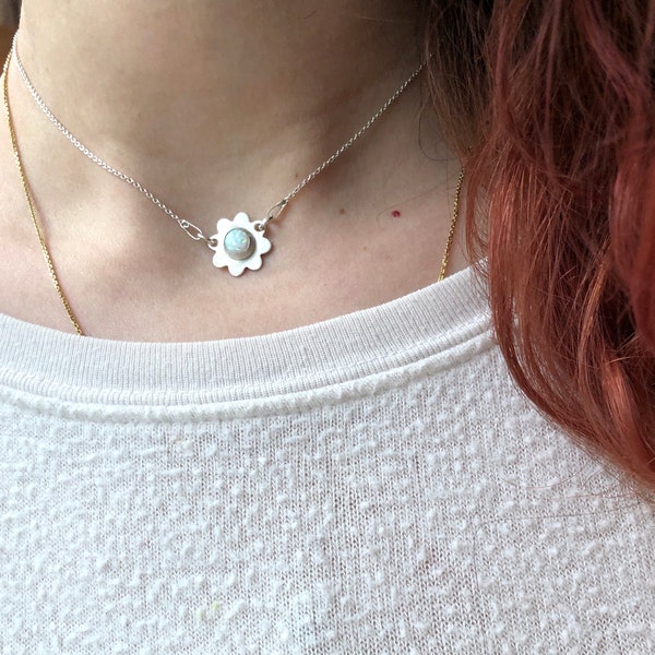 Handmade Silver Daisy Choker with Opal Short Flower Necklace