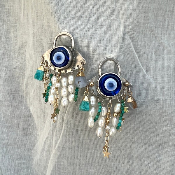 Handmade Evil Eye Party Fringe Statement Stud Dangle Earrings Rachel Pfeffer One of a Kind Art Earrings