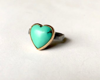 Sleeping Beauty Turquoise Heart Ring in 14k Gold-filled Bezel on Blackened Sterling Silver Comfort Fit Band