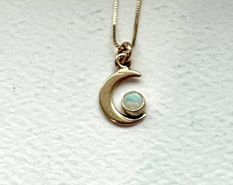 Handmade 14k Gold Opal Moon Tiny Pendant Australian Opal Crescent Moon Charm on 16" 14k gold chain