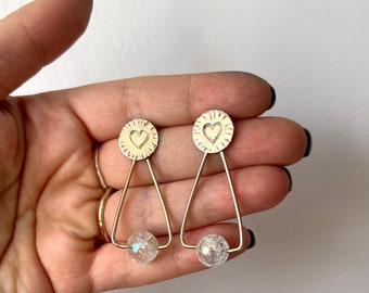Handmade Sweetheart Stud Drops in 14k Goldfill with Crystal Quartz Ball