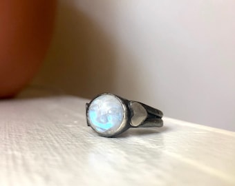 Man in the Moonstone Ring in Heavy Sterling Silver Handmade Ring with Hearts