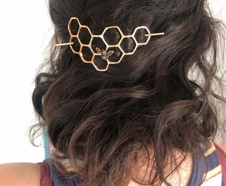 Large Brass Honeycomb Handmade Hair Bun Slide Pin with Dangling Bee Hair Twist Bun Pin image 4