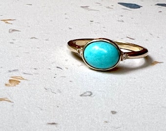Turquoise and Gold Ring with Tiny Diamonds Handmade solid 14k gold alternative turquoise engagement ring