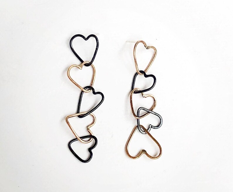 Black and Gold Heart Link Studs Handmade Lightweight Stud Dangles