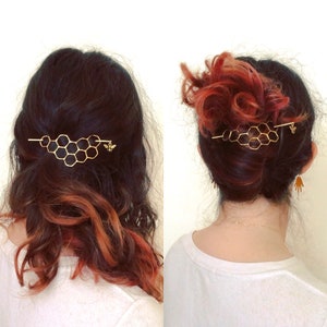 Large Brass Honeycomb Handmade Hair Bun Slide Pin with Dangling Bee Hair Twist Bun Pin image 5