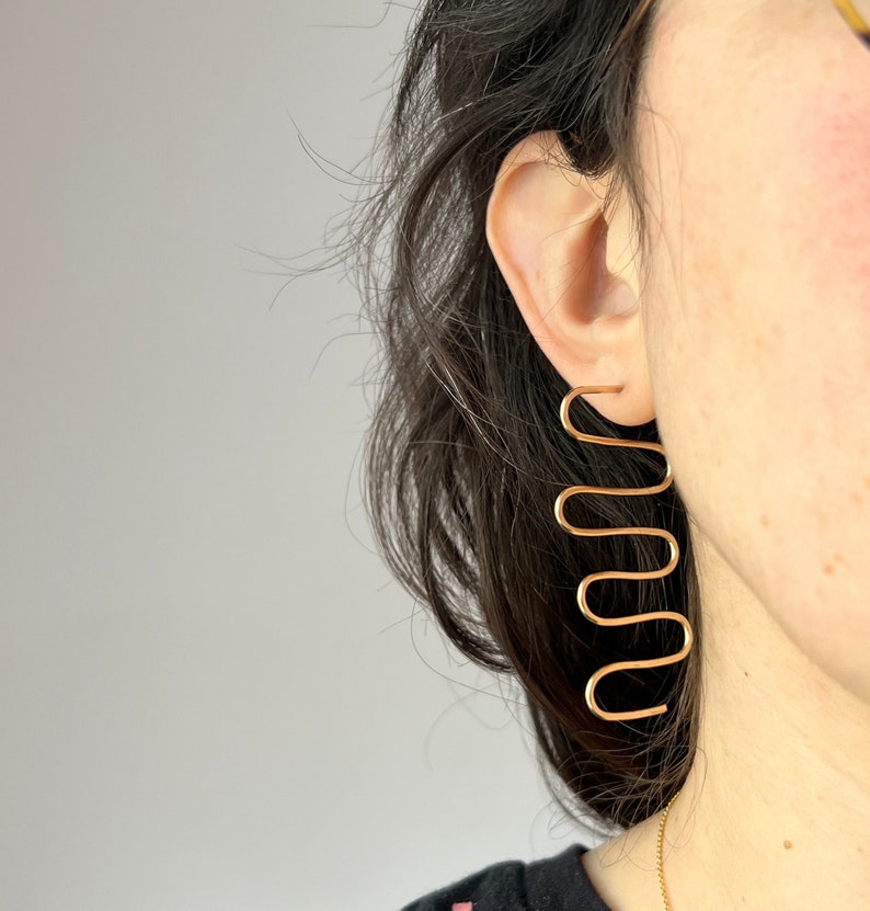 Handmade Back and Forth 14k Gold Fill Geometric Squiggle Stud Statement Dangle Earrings image 8