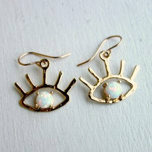 Handmade The Beholder Earrings: Gold and Opal Eye Earring Dangle Drops image 2