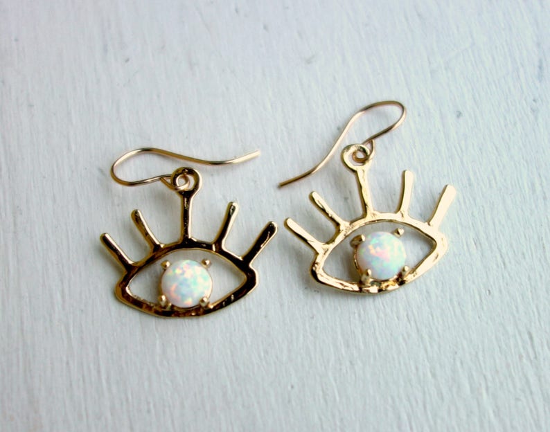 Handmade The Beholder Earrings: Gold and Opal Eye Earring Dangle Drops image 2