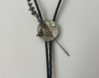 Handmade Maxamlist Bolo flower Holder Bolo with flower and opal in sterling silver and brass handmade and one of a kind