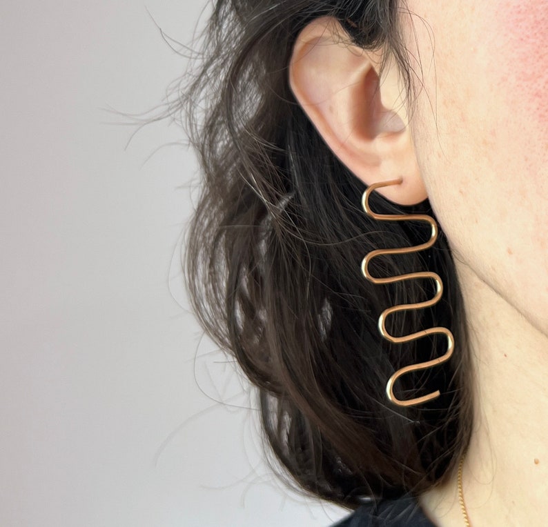 Handmade Back and Forth 14k Gold Fill Geometric Squiggle Stud Statement Dangle Earrings image 6