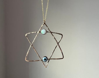 Handmade Evil Eye and Opal Jewish Star Of David pendant
