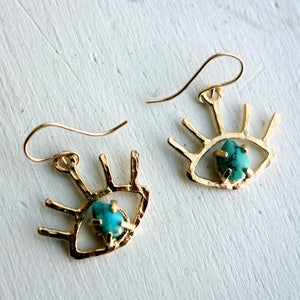 HANDMADE Gold Turquoise Beholder Eye Dangle Earrings image 1