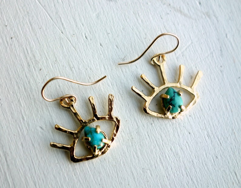 HANDMADE Gold Turquoise Beholder Eye Dangle Earrings image 1