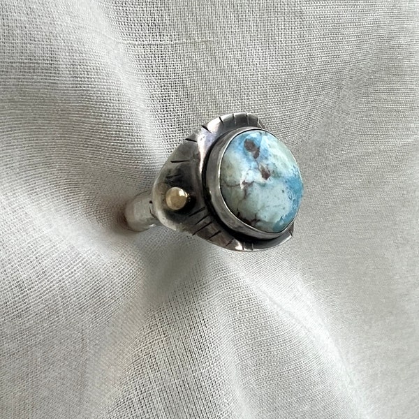 Turquoise Shield Ring in sterling silver and 14k yellow gold handmade statement ring