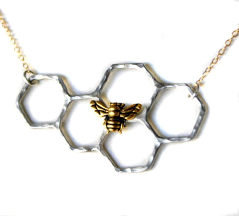 Sterling Silver Honeycomb Necklace on 14k Gold Filled Chain as seen on Beyonce image 1