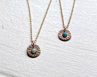 Handmade Opal and Turquoise Starburst Pendant in 14k Goldfill Handstamped Dainty Disc Charm Pendants
