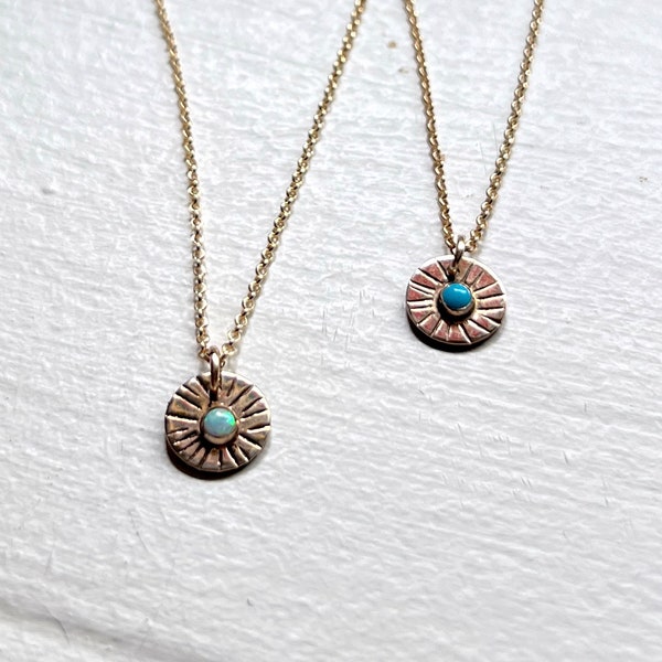 Handmade Opal and Turquoise Starburst Pendant in 14k Goldfill Handstamped Dainty Disc Charm Pendants