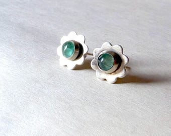 Sterling Silver and Emerald Cabochon Daisy Studs