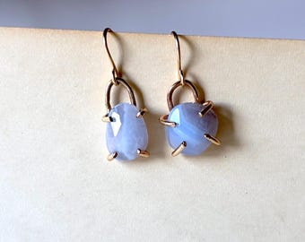 Periwinkle Blue Lace Agate Rosecut Dangles in handmade 14k goldfilled prong settings