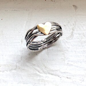 Heart Nest Ring Handmade in Sterling Silver with Gold Plated Brass Heart