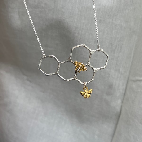 Handmade Handmade Sterling Silver Honeycomb Necklace with two bees